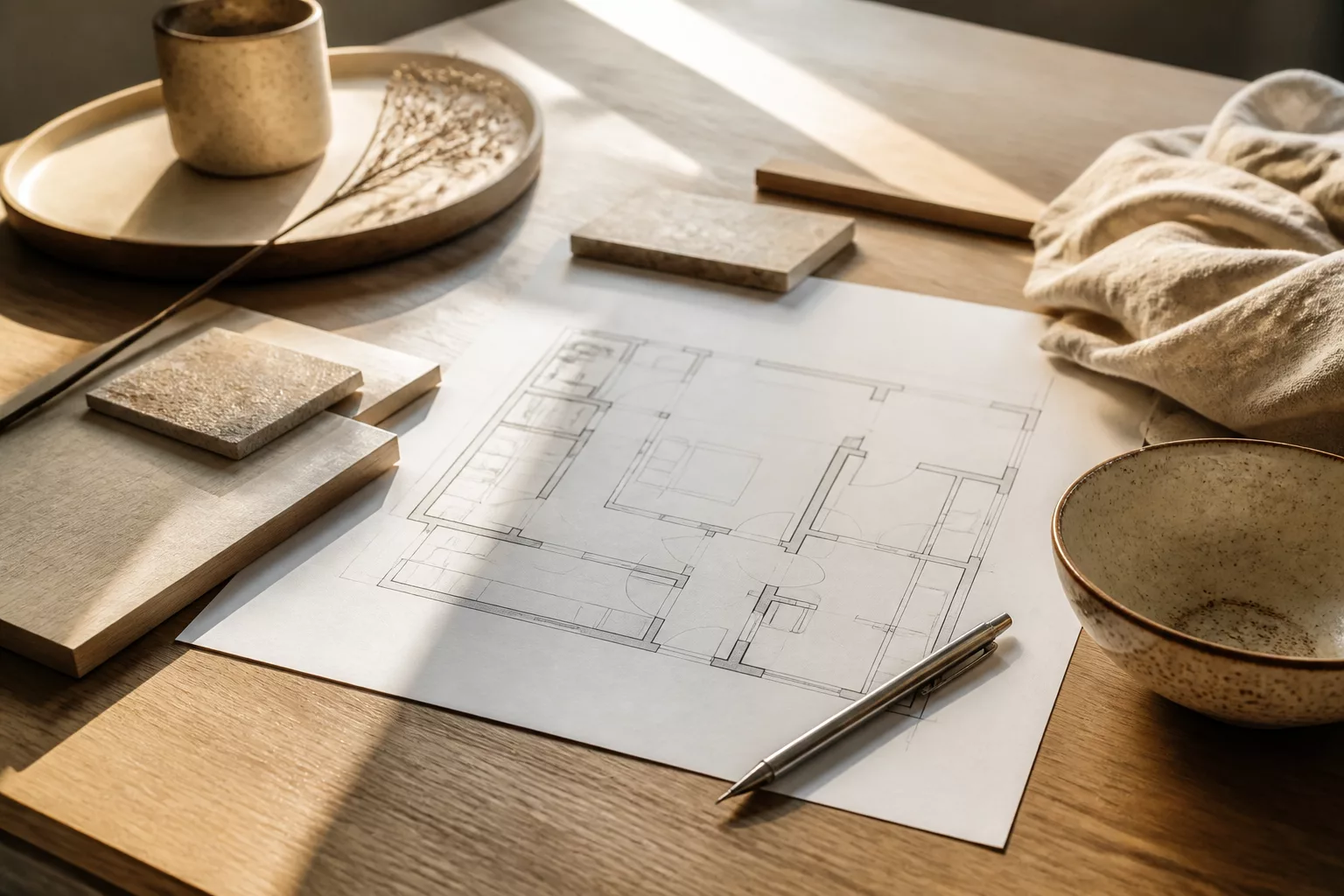 Mesa de trabajo con plano de vivienda, muestras de madera clara, lino y cerámica en tonos naturales